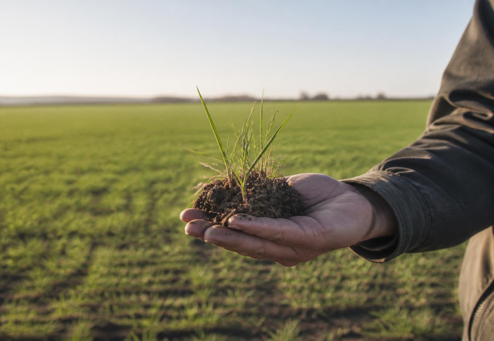 Young wheat plants and soil held in a hand above a field